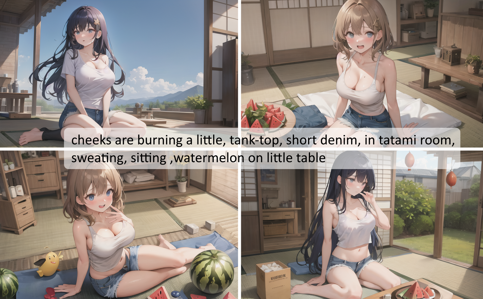 【Stable Diffusion】【AI美女と一緒に夏を感じる！】画像生成プロンプト集で夏の思い出を再現 美女gazou1 スイカ、畳、watermelon, tatami